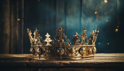 Shiny beautiful queen/king crown over wooden table with sun light in historical atmosphere. Fantasy medieval concept - obrazy, fototapety, plakaty