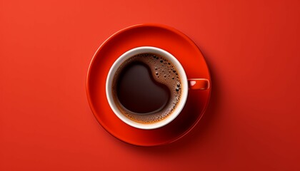 Red cup of coffee with foam and bubbles on red background. View from above top view menu, packaging design, poster, invitation card. - obrazy, fototapety, plakaty