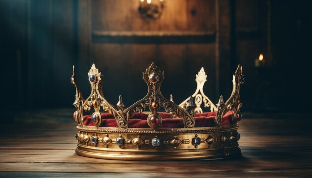 Shiny beautiful queen/king crown over wooden table with sun light in historical atmosphere. Fantasy medieval concept