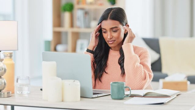 Stressed student studying on laptop, writing notes in book and elearning, researching or struggling to understand homework. Confused journalist suffering from headache or making mistake on assignment