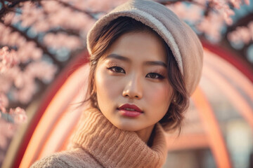 Young Asian woman posing in Tokyo city wearing cozy sweater walking on the street. Outdoor portrait in daylight. Winter warm clothing concept.