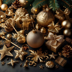 Fototapeta na wymiar Christmas Composition of Golden Christmas Toys