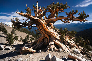 Bristlecone pine the oldest tree in the world in sunny day,
Nature's Endurance: Ancient Bristlecone Pine in Sunlight