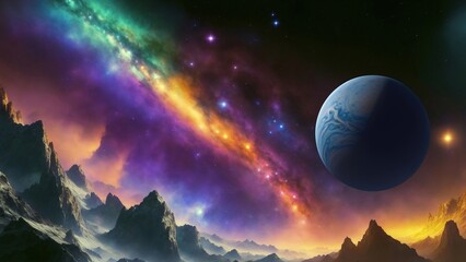 Naklejka na ściany i meble Nebula seen from mountain. Gascloud. Cosmic art. Galactic art. 4K - 8K - 12K TV. Generative AI.