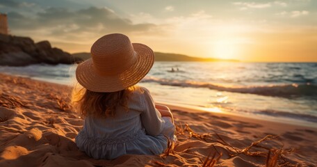 Seaside Serenity - Rear view Little girl in straw hat sitting on sand and watching sunset on the beach. Generative AI - obrazy, fototapety, plakaty