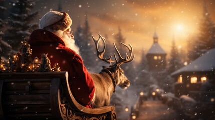 Santa Claus sitting on Christmas sleigh with reindeer - obrazy, fototapety, plakaty