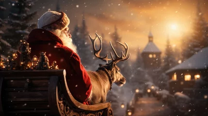 Fotobehang Santa Claus sitting on Christmas sleigh with reindeer © Алина Бузунова