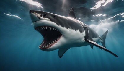 Obraz premium Great white shark attacks just underwater surface. Wild angry shark jaw 