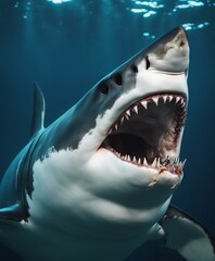 Fototapeta premium Great white shark attacks just underwater surface. Wild angry shark jaw 