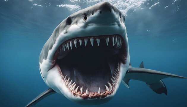Great white shark attacks just underwater surface. Wild angry shark jaw
