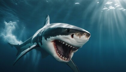 Fototapeta premium Great white shark attacks just underwater surface. Wild angry shark jaw 