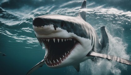 Great white shark attacks just underwater surface. Wild angry shark jaw
