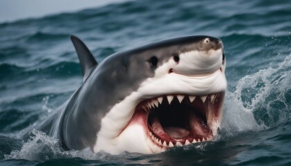 Naklejka premium Great white shark attacks just underwater surface. Wild angry shark jaw 