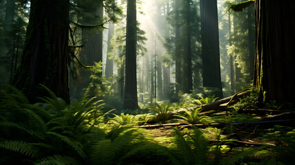 Towering redwood forest, where sunlight filters through the canopy, illuminating a lush undergrowth of ferns and moss. Generative Ai.NO.03