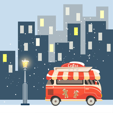 The illustration shows a winter landscape with a coffee bus, it is snowing in the evening, a lantern is burning in winter, winter time. Car in the city.