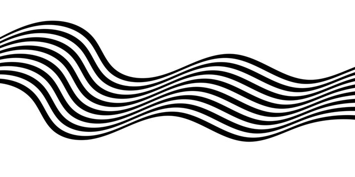 Black on white abstract perspective line stripes wave with 3d dimensional effect isolated on white. doodle wave line art