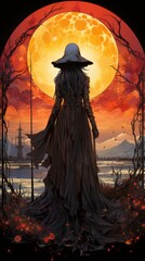 A witch wearing black in a dramatic landscape. Generative AI. 