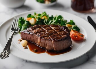 perfectly grilled steak on a white porcelain plate in a luxury restaurant 

