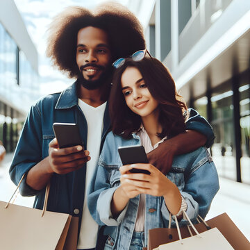 Young Couple with Shopping Bags and Smartphone