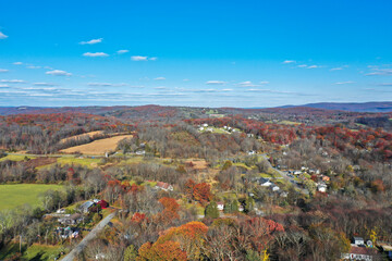 Wantage NJ on a sunny autumn day with fall foliage aerial 