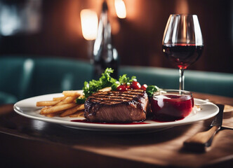grilled red meat cooked medium rare on a white porcelain plate with a glass of red wine in a luxury...