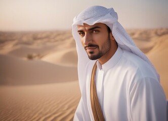 Middle aged Muslim man with a handsome face, dressed as a Saudi Arabian sheikh, photographed against a blurred background of the Dubai desert.