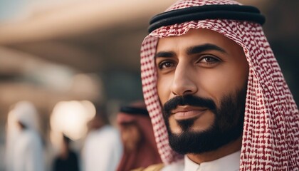 Middle aged Muslim man with a handsome face, dressed as a Saudi Arabian sheikh, photographed against a blurred background of the Dubai desert.