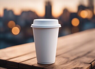 White paper coffee cup on wooden table, blurred city background

