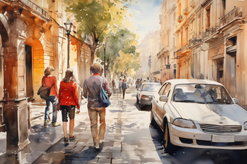 life drawing of a Rome, streets, cars, walking people, monochrome watercolor