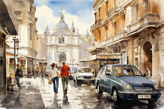 Fototapeta life drawing of a Rome, streets, cars, walking people, monochrome watercolor