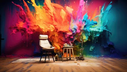 Fotobehang Room with rainbow colors paint explosion, Backdrop for photo studio, room background for an artist or painter photography © NAITZTOYA