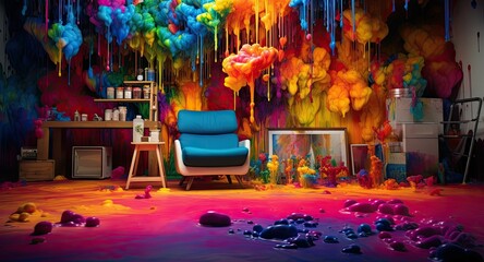 Room with rainbow colors paint explosion, Backdrop for photo studio, room background for an artist or painter photography - obrazy, fototapety, plakaty