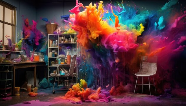 Room with rainbow colors paint explosion, Backdrop for photo studio, room background for an artist or painter photography