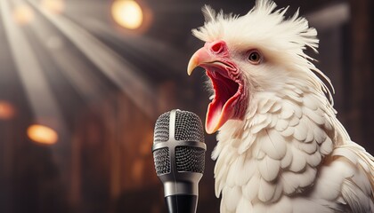 A white chicken singing with a microphone in front of a stage with lighting. Chicken song
