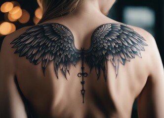 angel wings tattoo on women back
