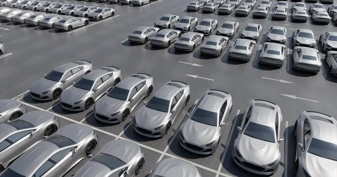 Aerial view of futuristic parking lot with brand new electric self-driving cars. 3d rendering concept of eco-friendly and innovative technology, green energy, transportation, and business