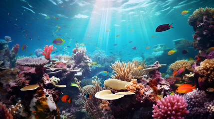 Fototapeta na wymiar Vibrant coral reef teeming with life, a kaleidoscope of colors and shapes beneath the crystal-clear waters. Generative Ai.NO.04