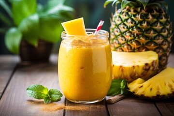 Fototapeta premium Healthy and Delicious Pineapple Turmeric Smoothie in a Glass with Straw on a Rustic Table Under Warm Morning Rays