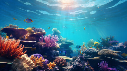 Fototapeta na wymiar Vibrant coral reef teeming with life, a kaleidoscope of colors and shapes beneath the crystal-clear waters. Generative Ai.NO.02