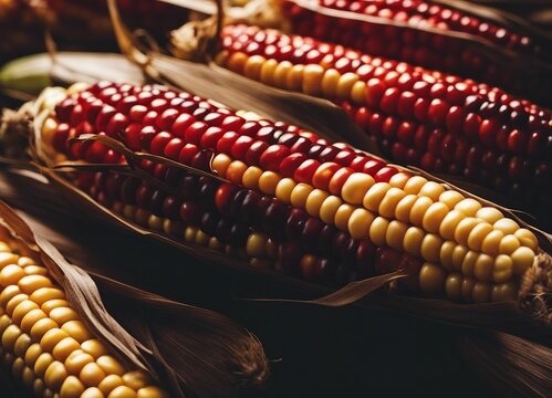 flint corn, close up view. red, black and white color, blurry background.