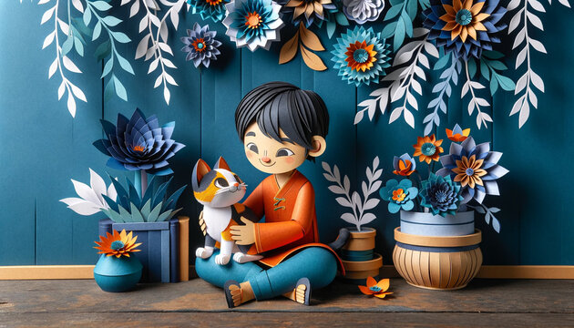 an illustration of a paper craft diorama with young boy hugging his adorable cat