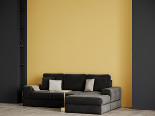 Pastel mustard yellow and black living room. Ocher color in the interior design room. Sofa and empty painted wall background for art. Minimalist scene modern lounge office.  Golden accent. 3d render