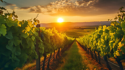 Naklejka premium Picturesque vineyard at sunset, rows of neatly pruned grapevines bathed in golden light, promising the fruits of labor. Generative Ai.NO.02