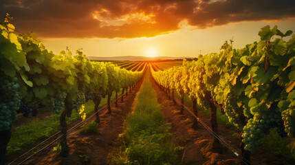 Picturesque vineyard at sunset, rows of neatly pruned grapevines bathed in golden light, promising the fruits of labor. Generative Ai.NO.03 - obrazy, fototapety, plakaty