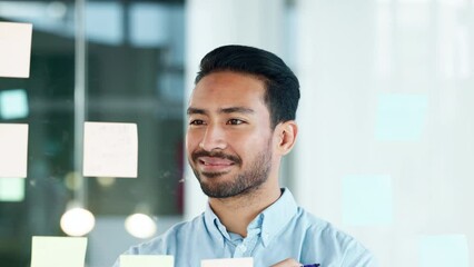 Thinking manager writing on visual aid board to plan idea, innovate global business strategy. Handheld camera view confident, ambitious or assertive businessman working overtime in office at night