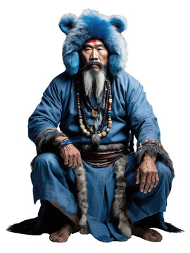 Ai generated photo of a fantasy Asian shaman  with a blue furry bear hat as an overlay 