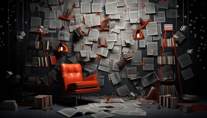Room background for a writer or book lover portrait, room with books and chair, backdrop for photo studio,  - obrazy, fototapety, plakaty