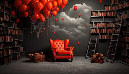Room background for a writer or book lover portrait, room with books and chair, backdrop for photo studio, 