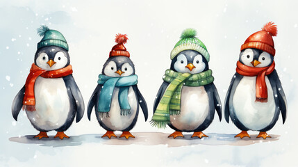 Fototapeta premium Winter penguins showcasing their festive attire, painted with watercolor touches.
