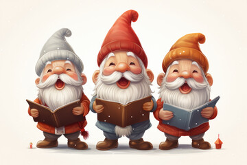 Trio of jolly gnomes holding books, artistically painted in watercolor, evoking festive warmth.